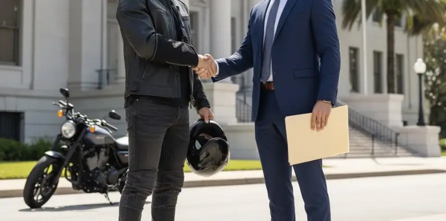 A motorcycle rider shaking hands with an attorney outside a Florida courthouse, symbolizing trust and justice.