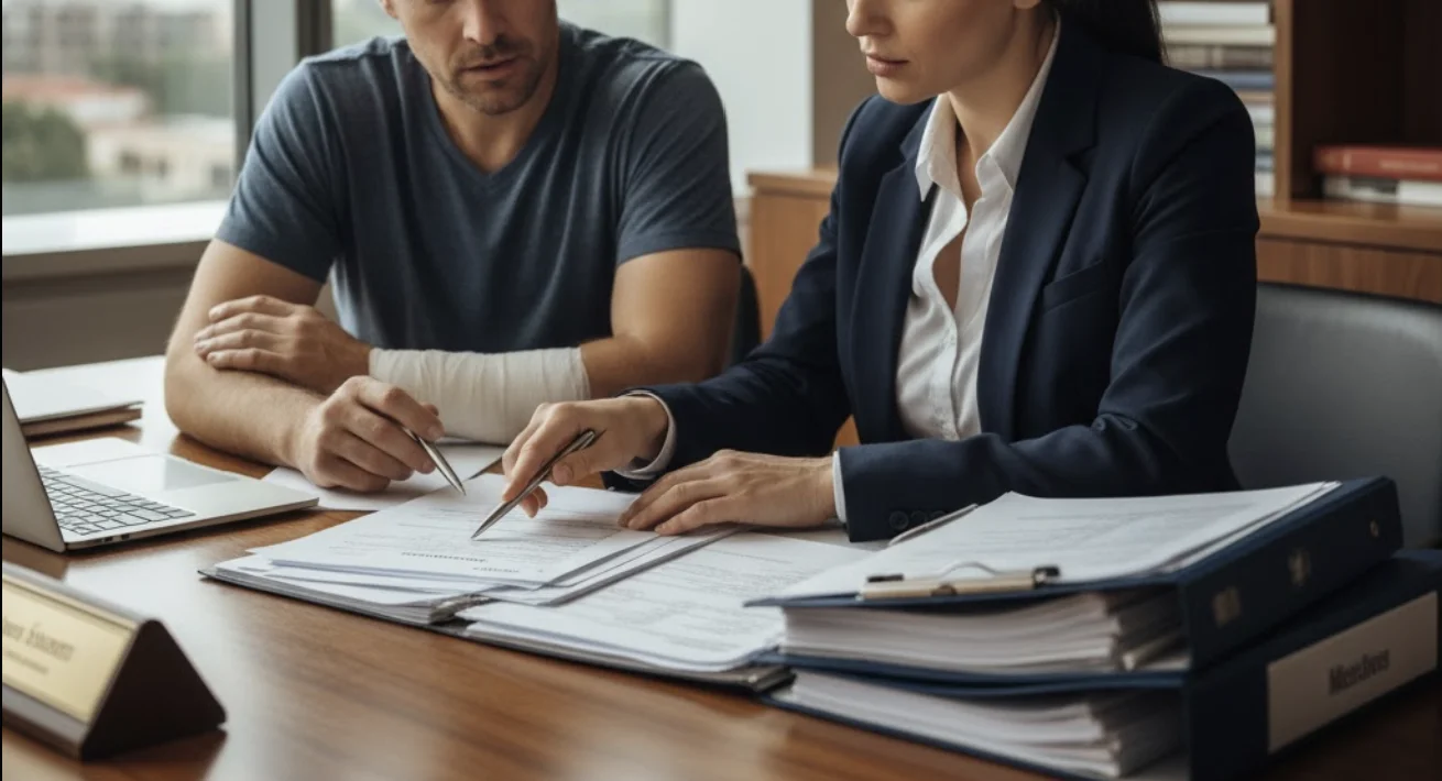 A patient and attorney reviewing medical documents.
