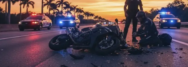 Motorcycle crash scene on a Florida highway at sunset with police lights flashing
