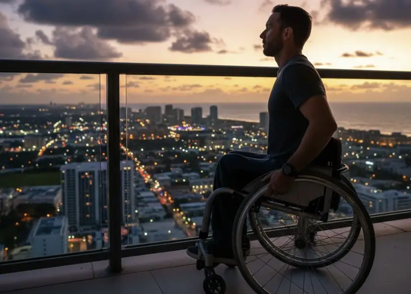 A wheelchair user looking out over a Florida city skyline