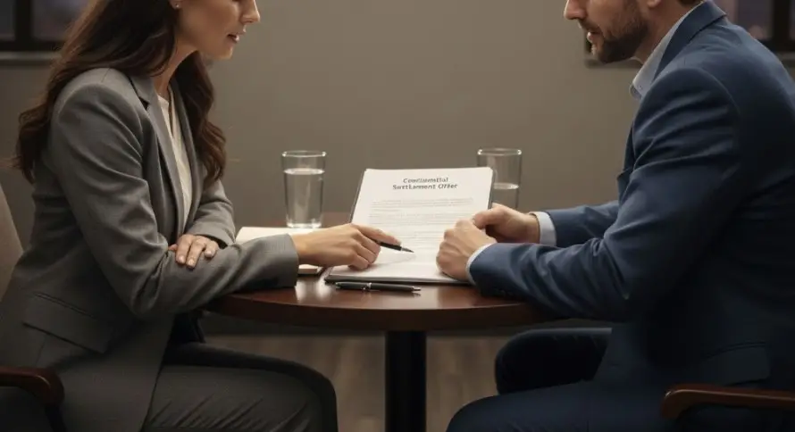 Attorney meeting privately with a client during mediation.