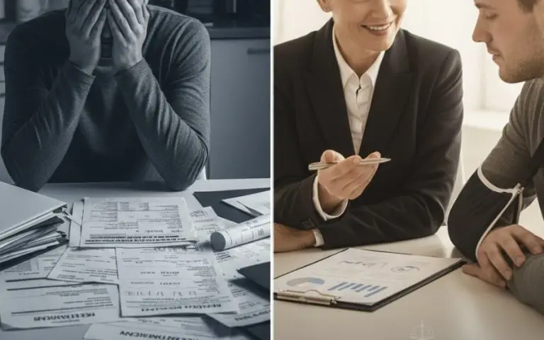 Person reviewing insurance documents at home contrasted with an attorney offering assistance.