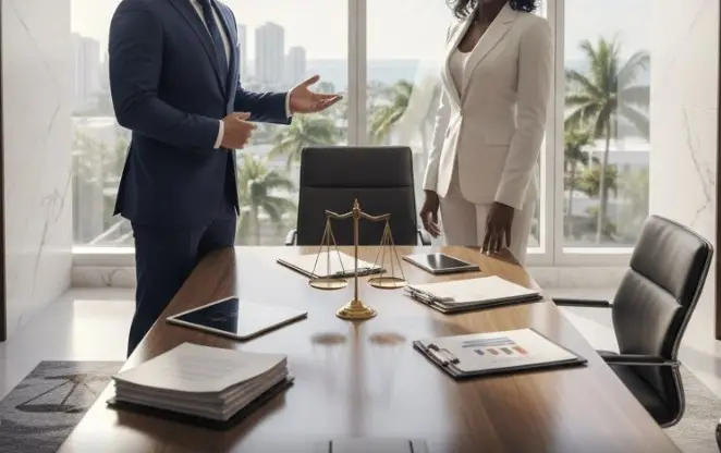 Confident personal injury attorneys in a modern Florida law office