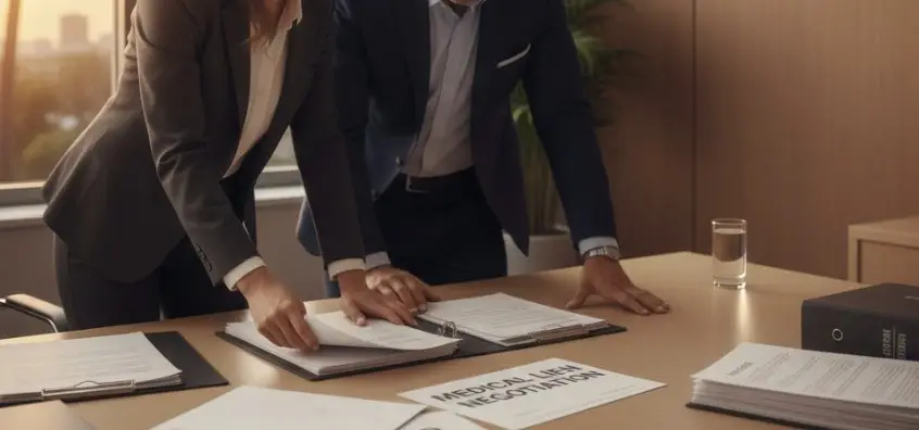 A professional Florida personal injury law office with attorneys reviewing medical bills and lien documents