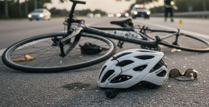 a damaged bicycle on a Florida roadway after an accident