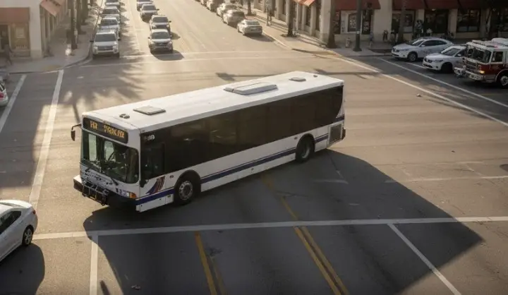 A public transit bus traveling in Fort Myers during heavy traffic
