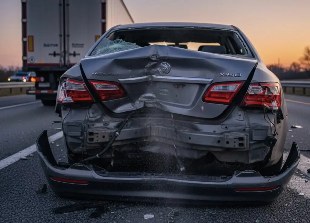 A damaged vehicle after a rear-end collision