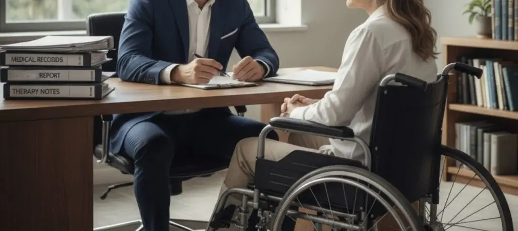 A catastrophic injury attorney meeting with an injured client in a wheelchair in a modern Fort Myers law office.