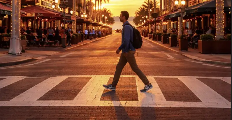 A pedestrian crossing a marked crosswalk in downtown Fort Myers at sunset.