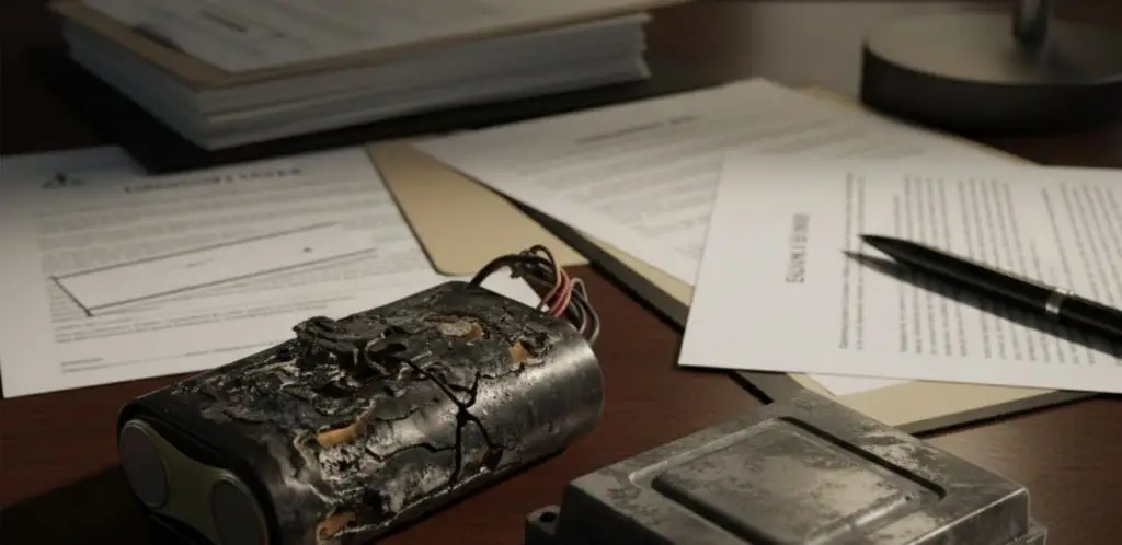 a damaged consumer product on a table with legal documents in background