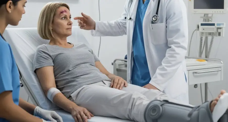 An injured person receiving medical care after a fall accident, hospital environment