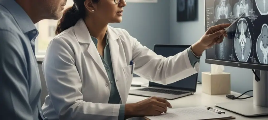 A medical consultation showing a neurologist reviewing spinal MRI scans with a patient