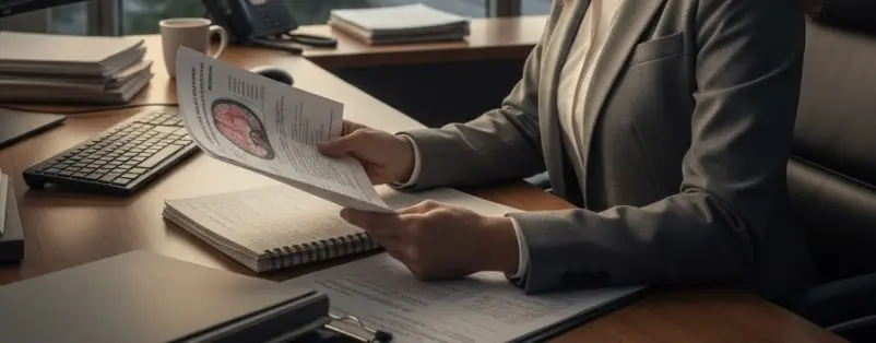 A professional personal injury attorney reviewing brain injury documentation in a modern Fort Myers law office.