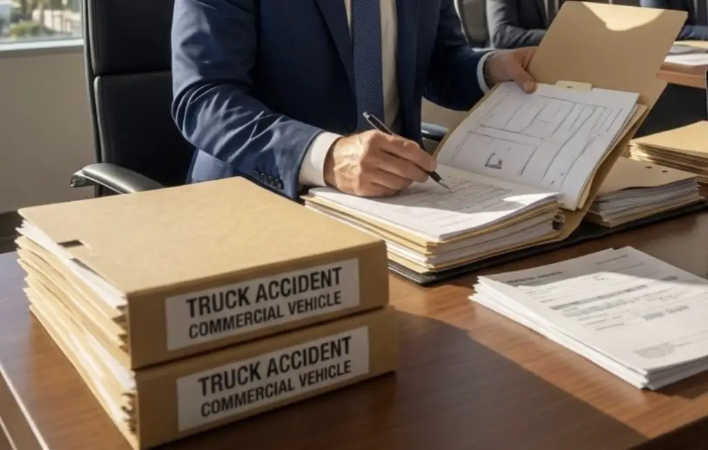 A professional personal injury attorney in a modern Florida law office reviewing truck accident case files