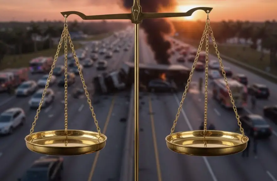 A symbolic justice image: scales of justice in front of a blurred 18-wheeler on a Florida highway at sunset.