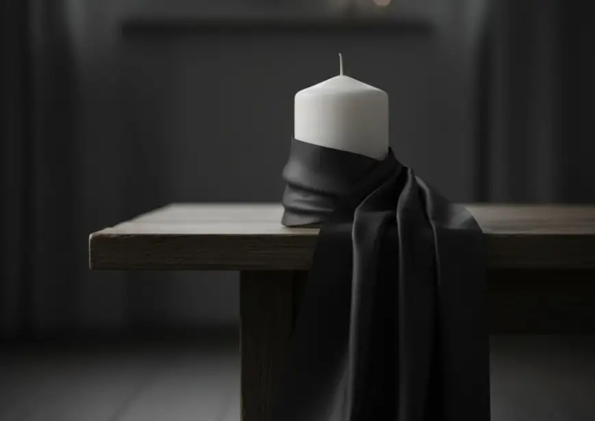 White memorial candle wrapped with black ribbon resting on a wooden table, symbolizing mourning and remembrance.