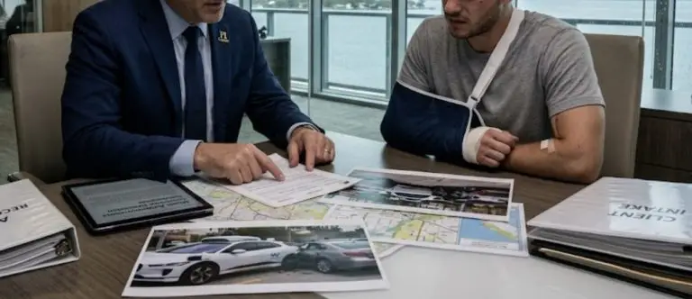 A professional personal injury attorney meeting with a client after a self-driving car accident