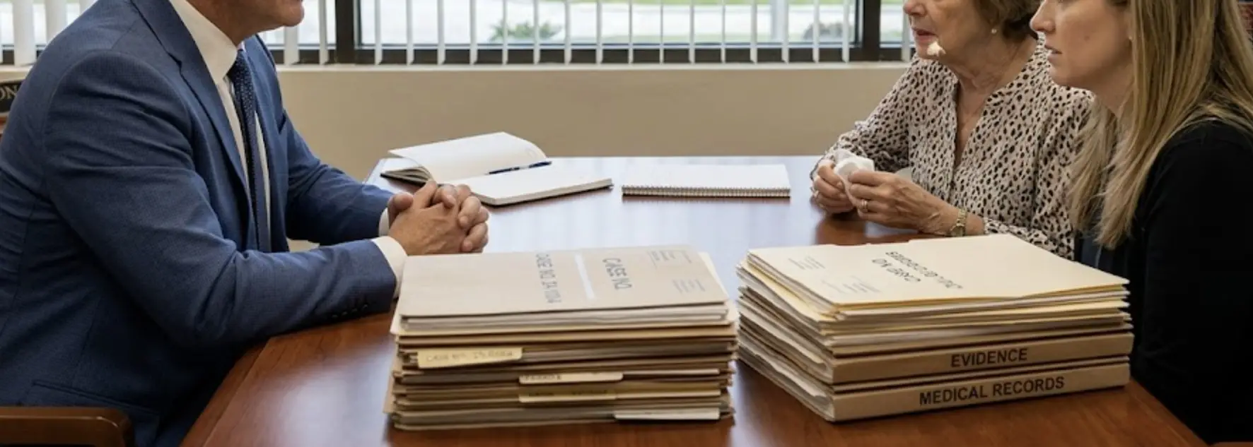 A compassionate personal injury lawyer meeting with a worried family in a law office