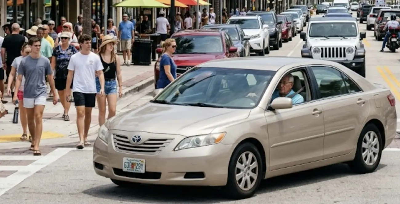 An elderly driver cautiously turning at a crowded Delray Beach intersection while pedestrians cross