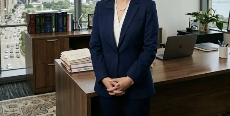 A confident personal injury lawyer standing in front of an office desk