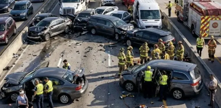 A multi-vehicle crash during heavy traffic, emergency responders assisting injured passengers