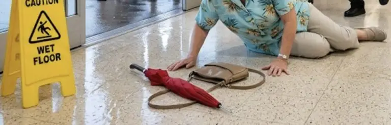 A South Florida grocery store scene where an older adult has slipped on a wet floor