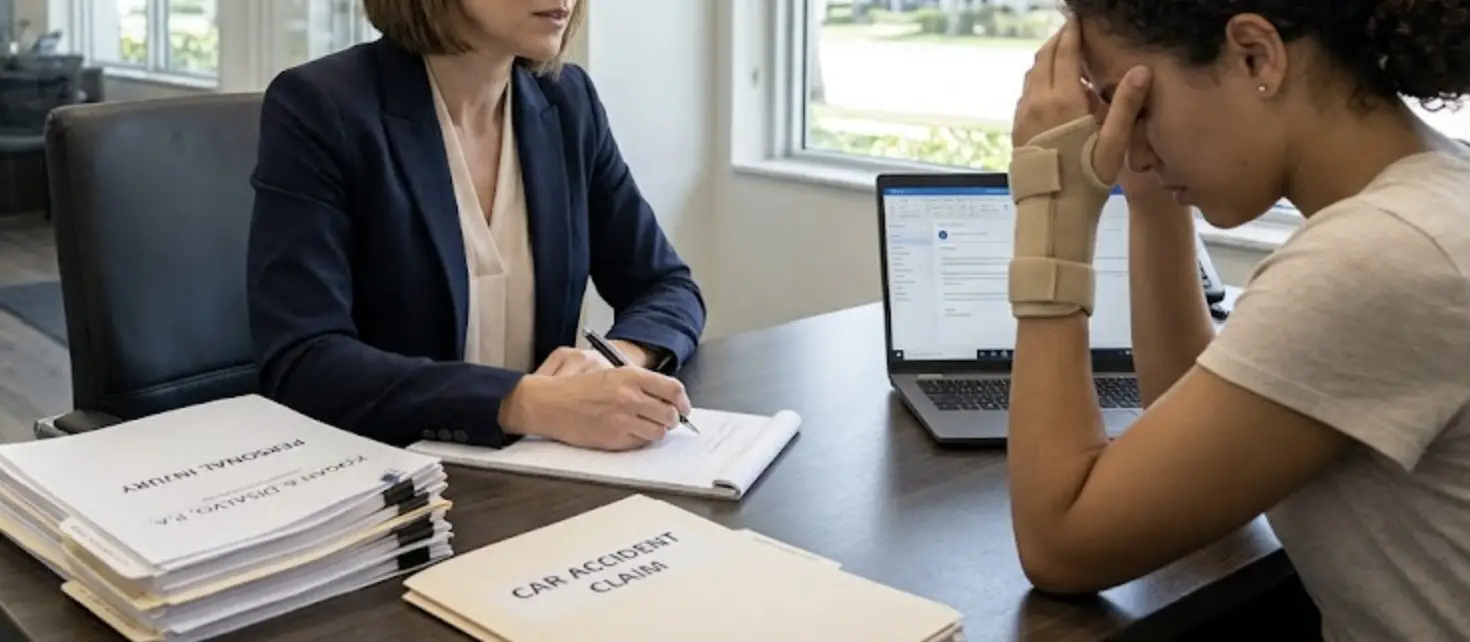 A professional personal injury attorney meeting with a stressed car accident victim in a modern Florida law office, legal documents on the desk