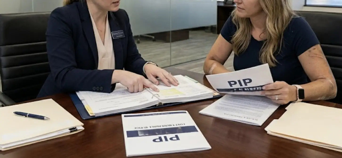 South Florida personal injury attorney explaining PIP insurance rights to a client using medical records and claim documents.