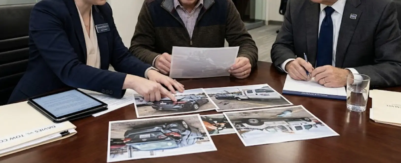 A legal consultation scene inside a modern law office where attorneys from Kogan & DiSalvo, P.A. review photographs of tow truck damage with a concerned client.